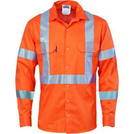 DNC HiVis Cool-Breeze Cotton Shirt with Double Hoop on arms & 'X' Back CSR R/Tape - Long Sleeve (3789)