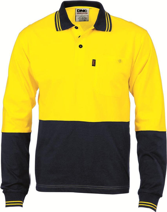 DNC HiVis Cool-Breeze Cotton Jersey Long Sleeve Polo Shirt with Under Arm Cotton Mesh (3846)