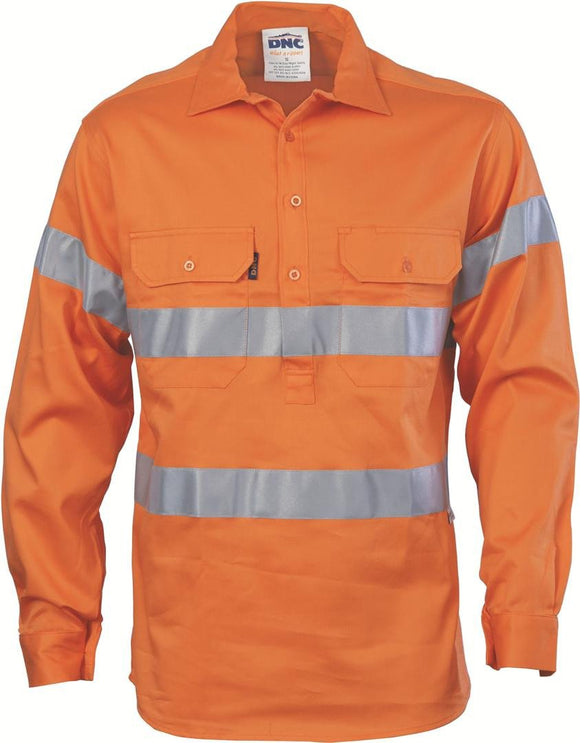 DNC HiVis Close Front Long Sleeve Gusset Sleeve Cotton Drill Shirt with 3M R/T (3848)