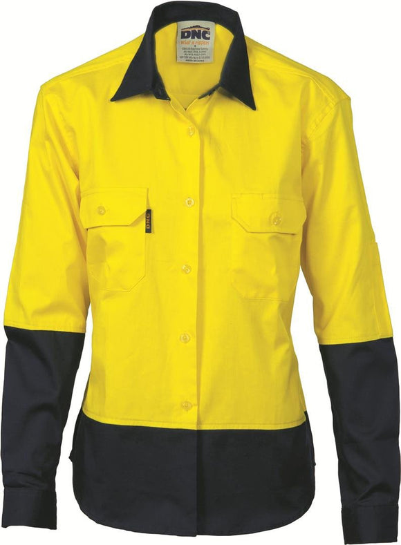 DNC Ladies HiVis Two Tone Cotton Drill Shirt - Long Sleeve (3932)