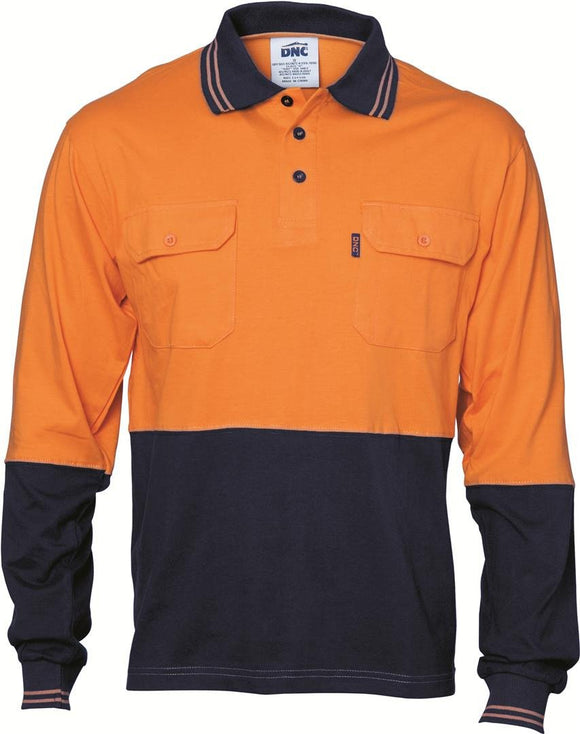 DNC HiVis Cool-Breeze Two Tone Cotton Jersey Polo Shirt with Twin Chest Pocket - Long Sleeve (3944)