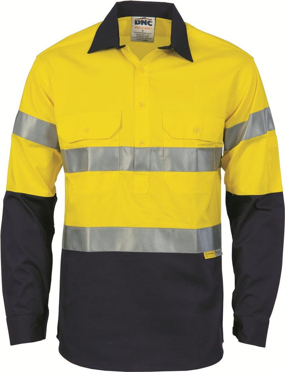 DNC HiVis Cool-Breeze Close Front Long Sleeve Cotton Shirt with 3M R/Tape (3949)